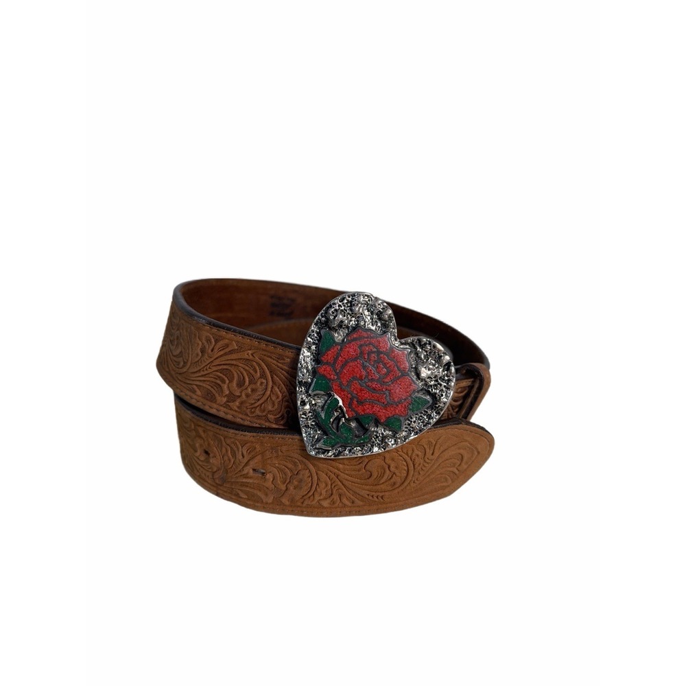 VTG Tony Lama Silver Heart Red‎ Rose Buckle Leather Embossed Western Belt C50739
